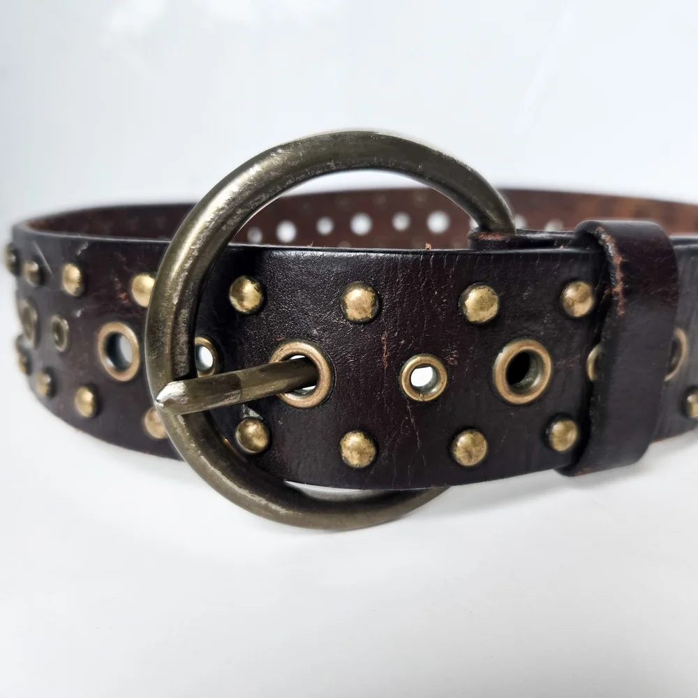 Studded Brown Leather Belt with Round Brass Buckle